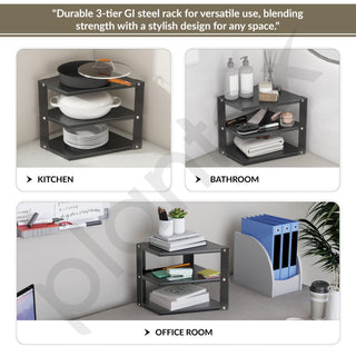Plantex GI-Steel 3-Tier Pan Stand for Kitchen/Multipurpose Corner Shelf for Kitchen - Pack of 1 (Black)