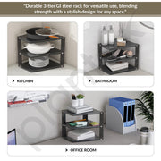 Plantex GI-Steel 3-Tier Pan Stand for Kitchen/Multipurpose Corner Floor Mount Shelf for Kitchen - Pack of 1 (Black)
