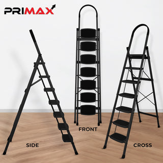 Primax Steel Foldable 7-Step Ladder for Home - Wide Anti Skid Step Ladder (Black)