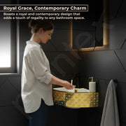 Plantex Ceramic Corner Basin/Wall Mount Washbasin for Bathroom/Small Corner Vessel Sink/Tabletop Wash Basin (Golden Cornia, 18 x 13 x 5 Inch)
