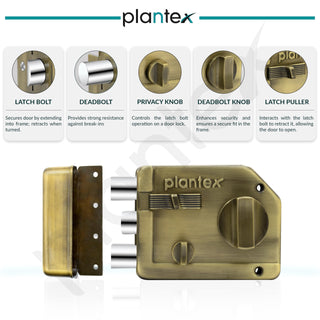 Plantex Heavy Duty Rim Locks for Main Door/Tri Bolt Lock for Main Door with 4 Keys/Suitable for Inside Opening Wooden Door - Pack of 1 (Brass Antique)