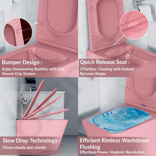 Plantex Imported Italica Ceramic Wall Hung Commode/Rimless Washdown Western Toilet/P - Trap Western Commode for Bathroom with Soft Close Toilet Seat Cover (Square - Matt Pink)