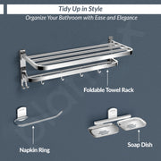 Plantex 304 Stainless Steel Dual Folding Towel Rack for Bathroom/Napkin Ring/Soap Stand/Towel Stand/Bathroom Accessories Set– Chrome