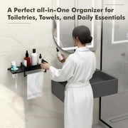 Plantex Stainless Steel 3in1 Multipurpose Bathroom Shelf/Rack/Towel Hanger/Tumbler Holder/Bathroom Accessories (15 x 6 Inches-Matt Black)