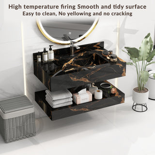 Plantex Floating Vanity/Slab Tile Vanity with Washbasin for Bathroom/Wall Mount Cabinet with Basin - 32 x 18 inch (ED-Black-Marble Finish)