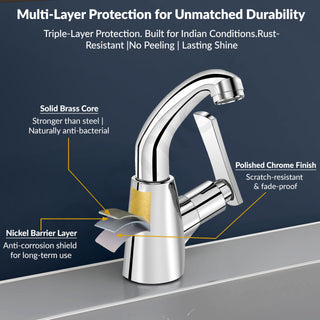 Plantex Pure Brass High Neck Pillar Cock Water Tap with Teflon Tape/360 Degree Swivel Spout/Single Lever Tabletop Basin Sink Cock - (3503, Chrome)