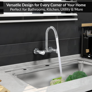 Plantex Pure Brass Sink Mixer Tap/Wall Mount Hot and Cold Tap for Bathroom/Double Handle Water Taps for Bathroom Basin with Brass Wall Flange & Teflon Tape (PAC-1814, Chrome)