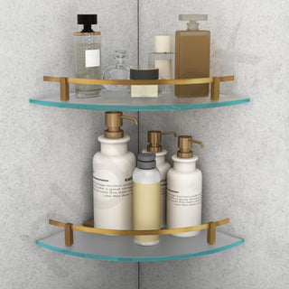 Plantex Premium Frosted Glass Corner Shelf for Bathroom/Glass Shelf/Storage Shelf - (12x12 in,Brass Antique-Pack of 2)