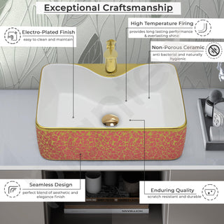 Plantex Ceramic Designer Washbasin for Bathroom/Countertop Hand Wash Basin/Rectangle Tabletop Basin for Restaurant/Hotel (19x15x5.5 Inch - White & Gold)