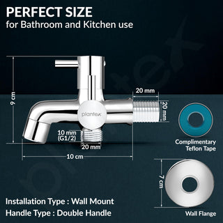 Plantex Two Way Bib Cock Tap with Water Saving Nozzle Attachment/Compatible for Washing Machine/2 in 1 Bib Tap with Wall Flange and Teflon Tape-(MKS-1275-Chrome)