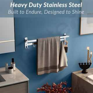 Plantex Stainless Steel Folding Towel Rod with Hooks/Towel Rack for Bathroom/24 Inch Towel Bar/Hanger/Stand/Bathroom Accessories - Pack of 1 (Chrome)