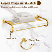 Plantex 304 Grade Stainless Steel Bathroom Accessories Set of 5 - Towel Rack/Napkin Ring/Soap Dish/Toothbrush Holder/Robe Hanger - Daizy (Golden)