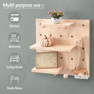 Plantex Multipurpose Pine Wood Wall Mount Pegboard For Home/Wood Display Shelf/Wall Organizer For Bedroom/Kitchen/Bathroom - (16X16 Inches)