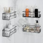 Plantex GI Steel Bathroom Accessories Self Adhesive/Bathroom Shelf for Wall Without Drilling with Side Hooks & Magic Sticker - Black, Powder Coated (Pack of 4)