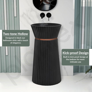 Plantex Round Pedestal Basin for Bathroom/Ceramic Designer One Piece Pedestal Free Standing Wash Basin for living Room/Hotel (Black-17x17x33.5 inch)