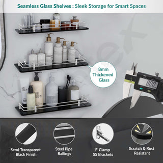 Plantex Premium Black Glass Shelf for Bathroom/Kitchen/Living Room - Bathroom Accessories (Polished, 18x6 Inches) - Pack of 3