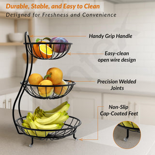 Plantex Elegant High Grade Steel 3-Tier Fruit & Vegetable Basket For Dining Table/Kitchen-Big Size(Black),Solid, 12 liter