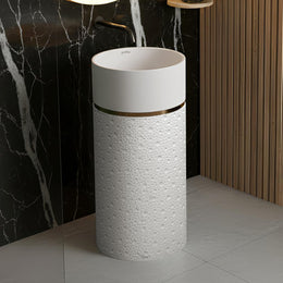 Plantex Acrylic Resin & Quartz Pedestal Basin for Bathroom/One Piece Pedestal Free Standing Round Wash Basin for living Room/Hotel (Beige)