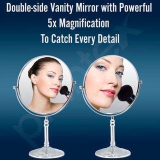 Plantex Premium Brass Magnifying Mirror/Dual Side Makeup Mirror with 5x/1x Magnification/Tabletop Vanity Hand Mirrors Stand (8 Inch-Chrome/Tabletop)