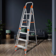 Plantex Secura 6 Step Aluminium Ladder for Home/Foldable Ladder with Safe Hand Rails/5 Year Manufacturer Warranty(Orange-Silver)