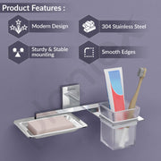 Plantex 304 Grade Stainless Steel 2 in 1 Soap Dish with Tumbler Holder/Soap Holder/Toothbrush Holder/Bathroom Accessories - Crystal (Chrome)