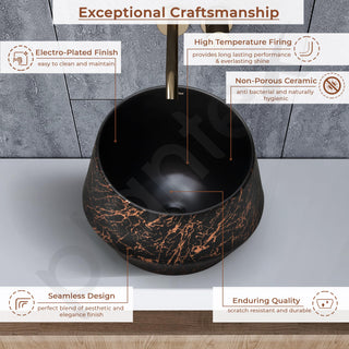 Plantex Ceramic Tabletop Washbasin/Bathroom Basin Sink/Basin for Bathroom/Wash Basin for Restaurant/Hotel (Black & Gold - 16.5 x 16.5 x 13 Inch)