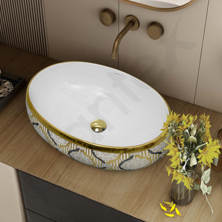 Plantex Tabletop Wash Basin for Bathroom/Designer Ceramic Basin/Vessel Sink Basin for Home/Office/Hotel (22 x 14.5 x 6 Inch - White & Gold)
