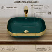Plantex Wash Basin/Ceramic Table Top Wash Basin/Countertop Basin for Bathroom/Restaurants/Hotel – Rectangular Green & Gold - 20 x 14 x 6 Inch)