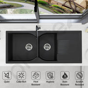 Plantex Matt Kitchen Sink/Quartz Sink for Kitchen/UV Protected Double Bowl with Drain Board, Coupling and Adjustable Drain Rack (Charcoal Black - 45x20inch)