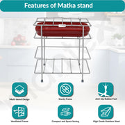Plantex Matka Stand/Stainless Steel 2-Tier Matka Stands for Kitchen/Square Water Pot with Tray - (1186, Chrome)