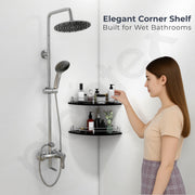 Plantex Wall Mount Glass Corner Shelf for Bathroom/Kitchen Shelf/Living Room Shelf/Bathroom Organizer (Black, 12 x 12 Inches) - Pack of 2