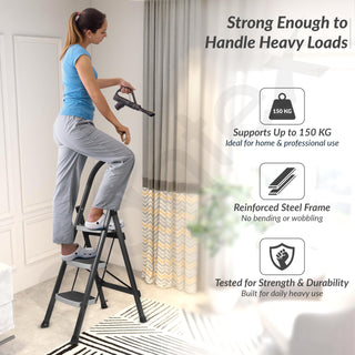 Plantex 3 Step Ladder for Home - Foldable Steel 3 Step Ladder-Wide Anti Skid Steps - Space-Saving (Grey & White)