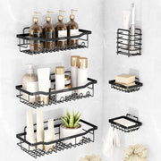 Plantex Self Adhesive Bathroom Shelf/Bathroom Organiser without Drill/Adhesive Wall Shelves/Bathrooms Accessories Set/Soap Holder with Tooth Brush Holder-(Black, Pack of 6)