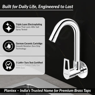Plantex Pure Brass Sink Tap for Kitchen Basin/Wall Mount Sink Cock for Kitchen with Wall Flange and Teflon Tapes/Water Tap -(3204, Chrome)