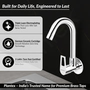 Plantex Pure Brass Sink Tap for Kitchen Basin/Wall Mount Sink Cock for Kitchen with Wall Flange and Teflon Tapes/Water Tap -(3204, Chrome)