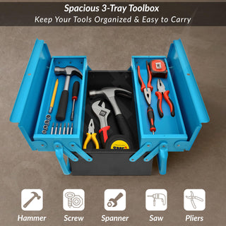Plantex Metal Tool Box for Home Use/3 Cabinet Empty Tool Kit Box/Tools Box/Tool Organizer for Essential Tools With Large Capacity & Strong Handle - (Blue & Black)