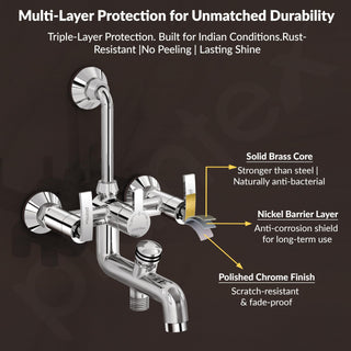 Plantex Pure Brass 3 in 1 Wall Mixer for Bathroom with L-Bend Provision for Overhead and Hand Shower/Mixer Tap for Bathroom with Water Saving Nozzle and Brass Wall Flange (COL-1019-Chrome)