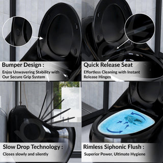 Plantex Imported Western Commode/Rimless Siphonic Vaccum Flush/One Piece Floor Mounted Commode with Soft Close Toilet Seat Cover - S Trap Outlet (Black)