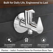 Plantex Pure Brass 2-Way Angle Valve Tap for Bathroom with Brass Wall Flange & Teflon Tape- Quarter Turn Tap (PAC-1808-Chrome Finish)