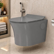 Plantex Platinum Ceramic Rimless Wall Hung Western Commode/Rimless Washdown Flushing System/P Trap Commode for Bathroom with Soft Close Toilet Seat (Smoke)