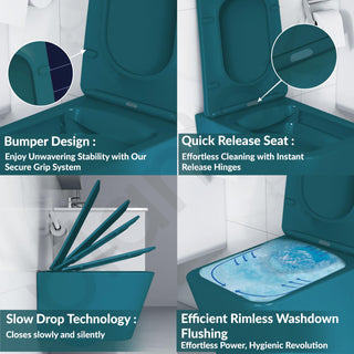 Plantex Imported Ceramic Wall Hung Commode for Toilet/Rimless Washdown Flushing/Western Commode with Soft Closing Toilet Seat - P Trap - (Pine Blue)