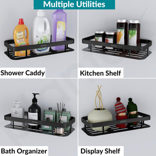 Plantex Self Adhesive Shelf for Bathroom/Aluminium Bathroom Organisers/Wall Mounted Bathroom Shelf with Magic Stickers (12x5 inches, Matt Black) - Pack of 2