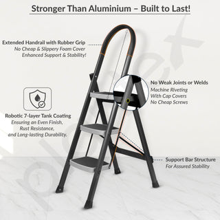 Plantex 3 Step Ladder for Home - Foldable Steel 3 Step Ladder-Wide Anti Skid Steps - Space-Saving (Grey & White)