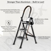 Plantex 3 Step Ladder for Home - Foldable Steel 3 Step Ladder-Wide Anti Skid Steps - Space-Saving (Grey & White)