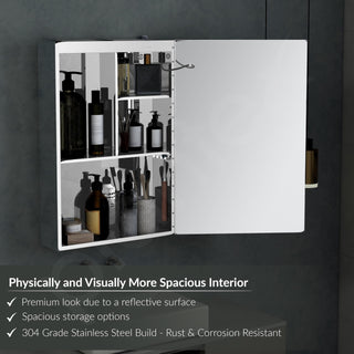 Plantex 304 Stainless Steel Bathroom Mirror Cabinet/Mirror Cabinet for Wash Basin/Bathroom Organiser with Mirror (16x24 Inch|LED, Defogger & Bluetooth|Chrome)