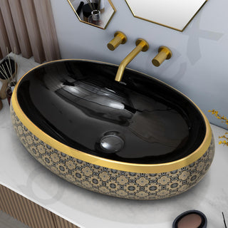 Plantex Tabletop Wash Basin for Bathroom/Designer Ceramic Basin/Countertop Vessel Sink Basin for Home/Hotel - (16019, Black & Gold)