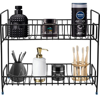 Plantex Stainless Steel Multipurpose 2-Tier Bathroom Organizer Shelf/Rack/Stand - Bathroom Accessories (Black)