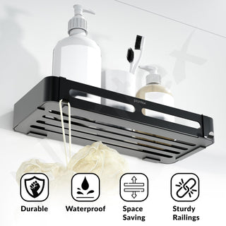 Plantex Aluminum Bathroom Shelf for Wall/Kitchen Shelf/Bathroom Wall Shelf with Moving Hooks/Bathroom Organizer with Drill/Rack-(12X5 Inch Matte Black Finish)