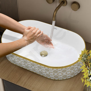 Plantex Designer Washbasin for Bathroom/Ceramic Countertop Basin/Oval Tabletop Wash Basin/Hand Wash Sink for Restaurant/Hotel (20.5x12x4.5 inch - White & Gold)