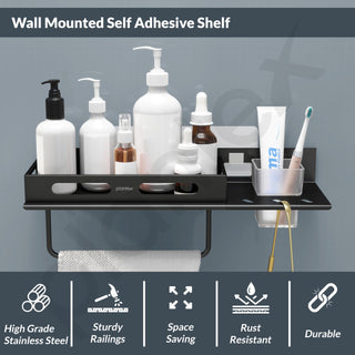 Plantex No Drill Bathroom Organizer/3in1 Stainless Steel Shelf for Wall with Foldable Napkin Holder and Tumbler Holder/Self Adhesive Bathroom Shelf -(Black-15 Inch)